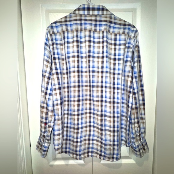 Robert Graham men's Shirt Blue Brown Plaid Flip Cuff w logo size Large. EUC - Picture 2 of 14
